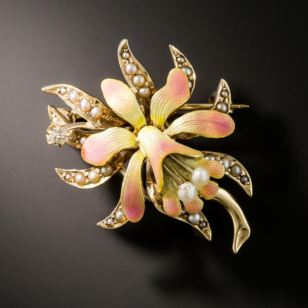 Art Nouveau Enamel, Diamond and Seed Pearl Orchid Brooch