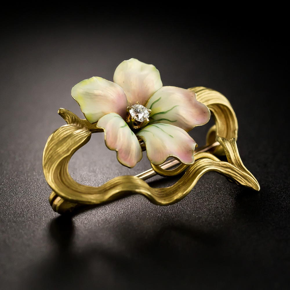 Art Nouveau Enamel Flower Pin by Henry Blank & Co.