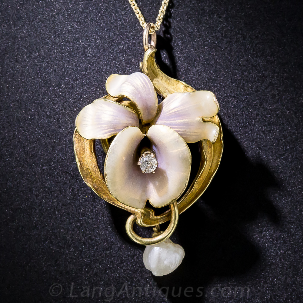Art Nouveau Enamel, Pearl and Diamond Pendant