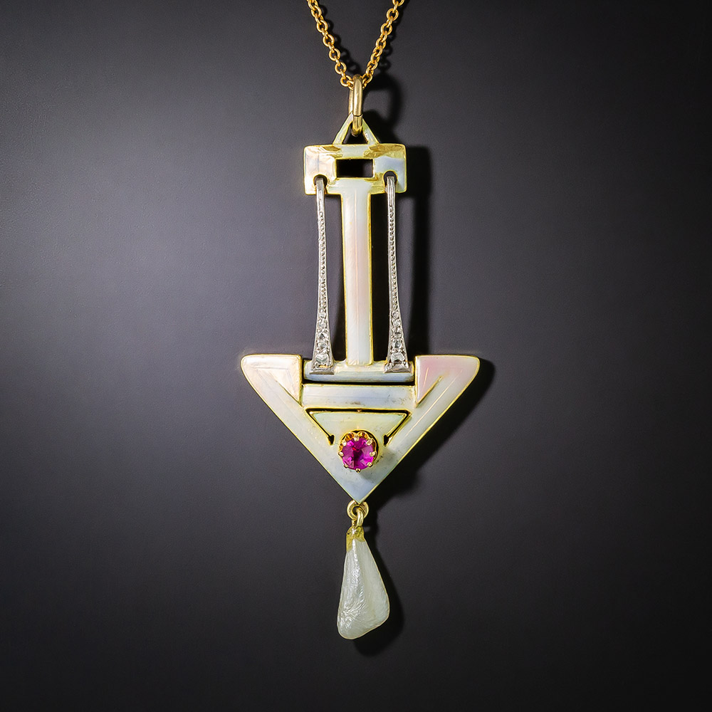 Art Nouveau Enamel, Ruby, Pearl and Diamond Pendant