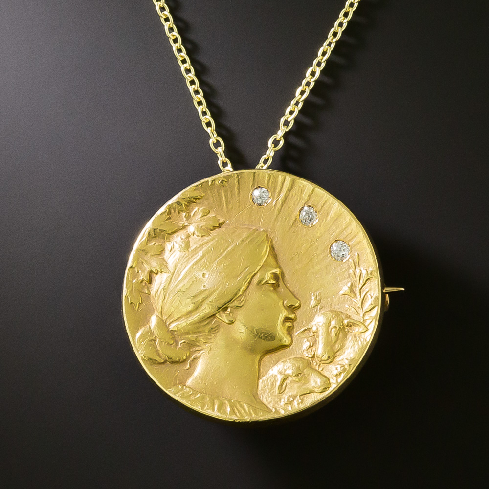 Art Nouveau Femme with Sheep Medallion Pendant/Brooch by Krementz