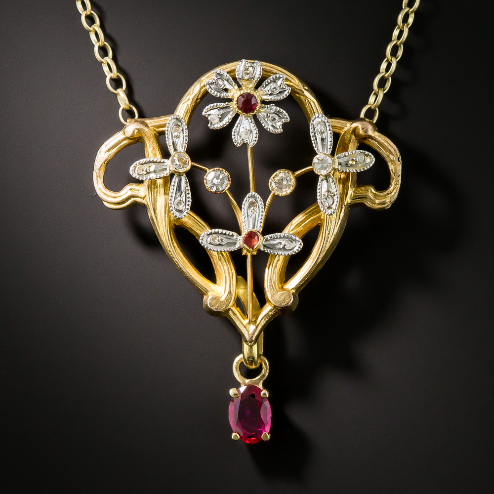 Art Nouveau Ruby And Diamond Pendant Necklace