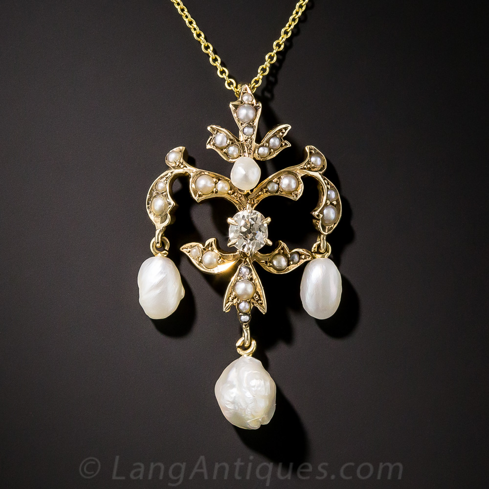 Art Nouveau Gold Pearl and Diamond Pendant