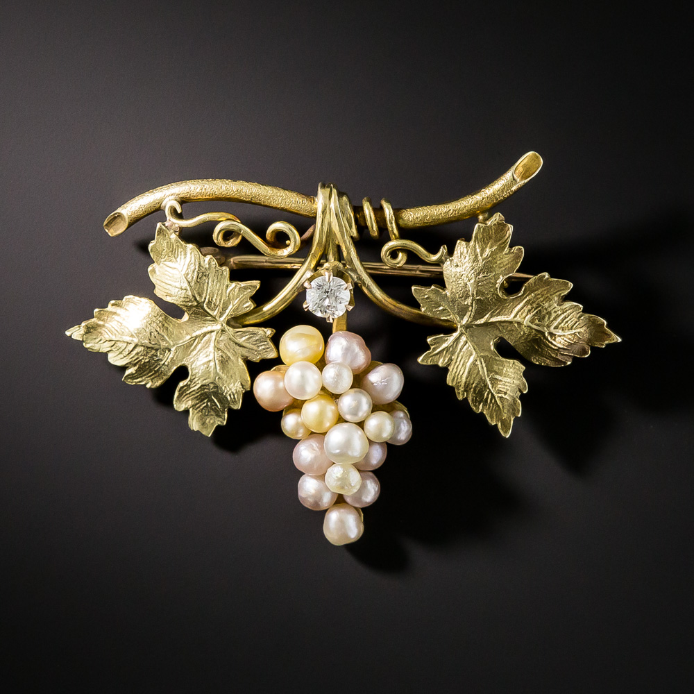 Vintage Pearl Grape Bunch Brooch Pin 14K Yellow Gold