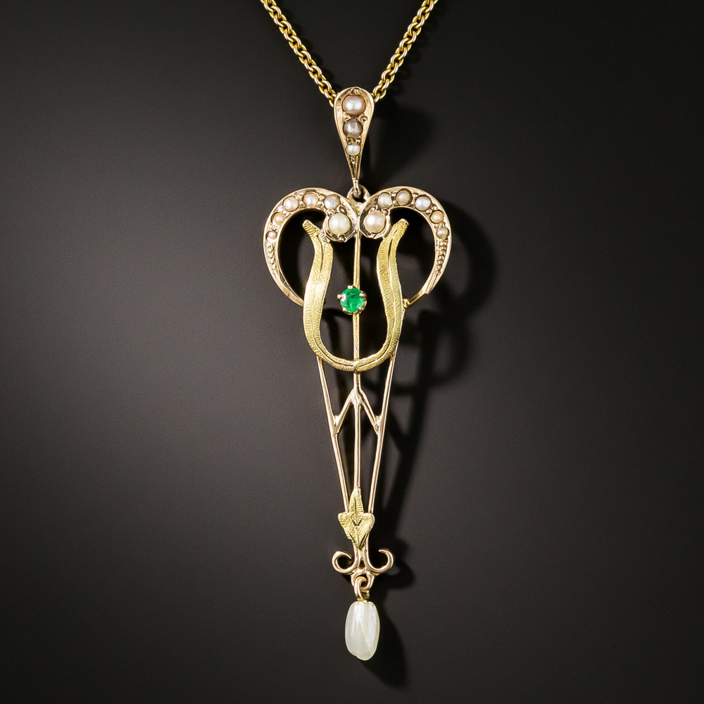 Art Nouveau Pearl and Emerald Necklace