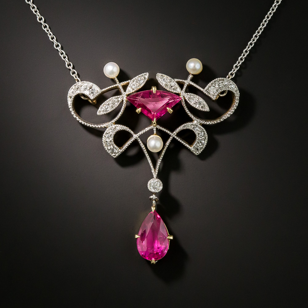 Art Nouveau Pink Tourmaline, Diamond and Pearl Pendant