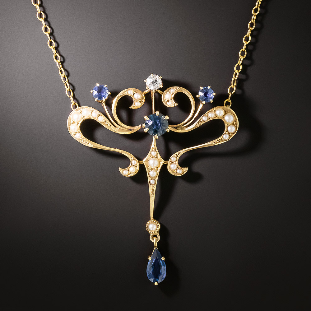 Art Nouveau Sapphire, Pearl and Diamond Lavaliere