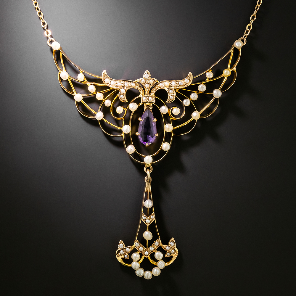 Claire Astaix 【真珠のネックレス】lithograph Art Nouveau Seed Pearl and Amethyst Drop Necklace by Sulzberger
