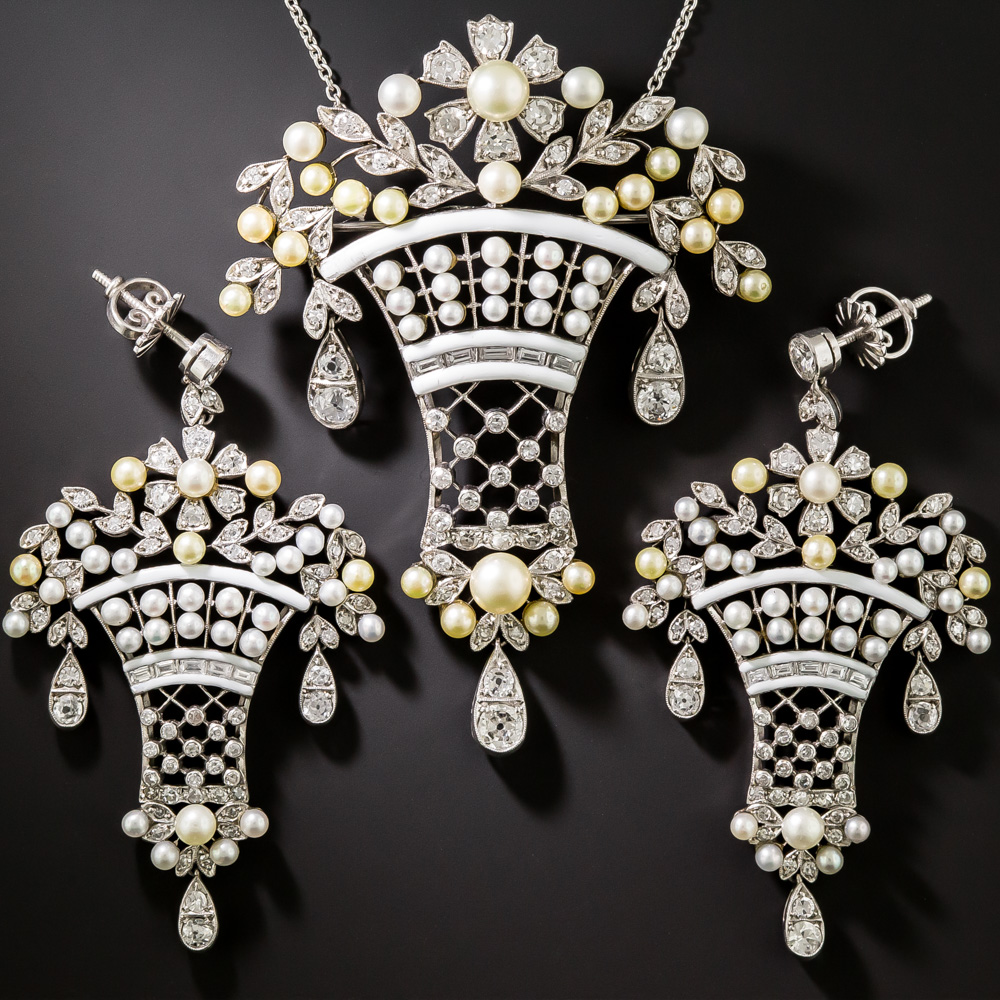 ベルエポック Belle Époque-Style Diamond, Pearl and Enamel Earring and Necklace Set