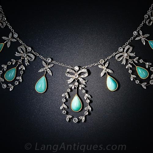 Belle Epoque Turquoise, Rose-Cut Diamond and Platinum Necklace