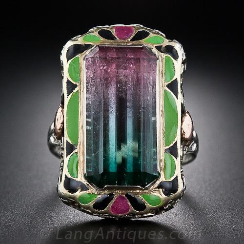 Bi-Colored Tourmaline and Enamel Filigree Ring