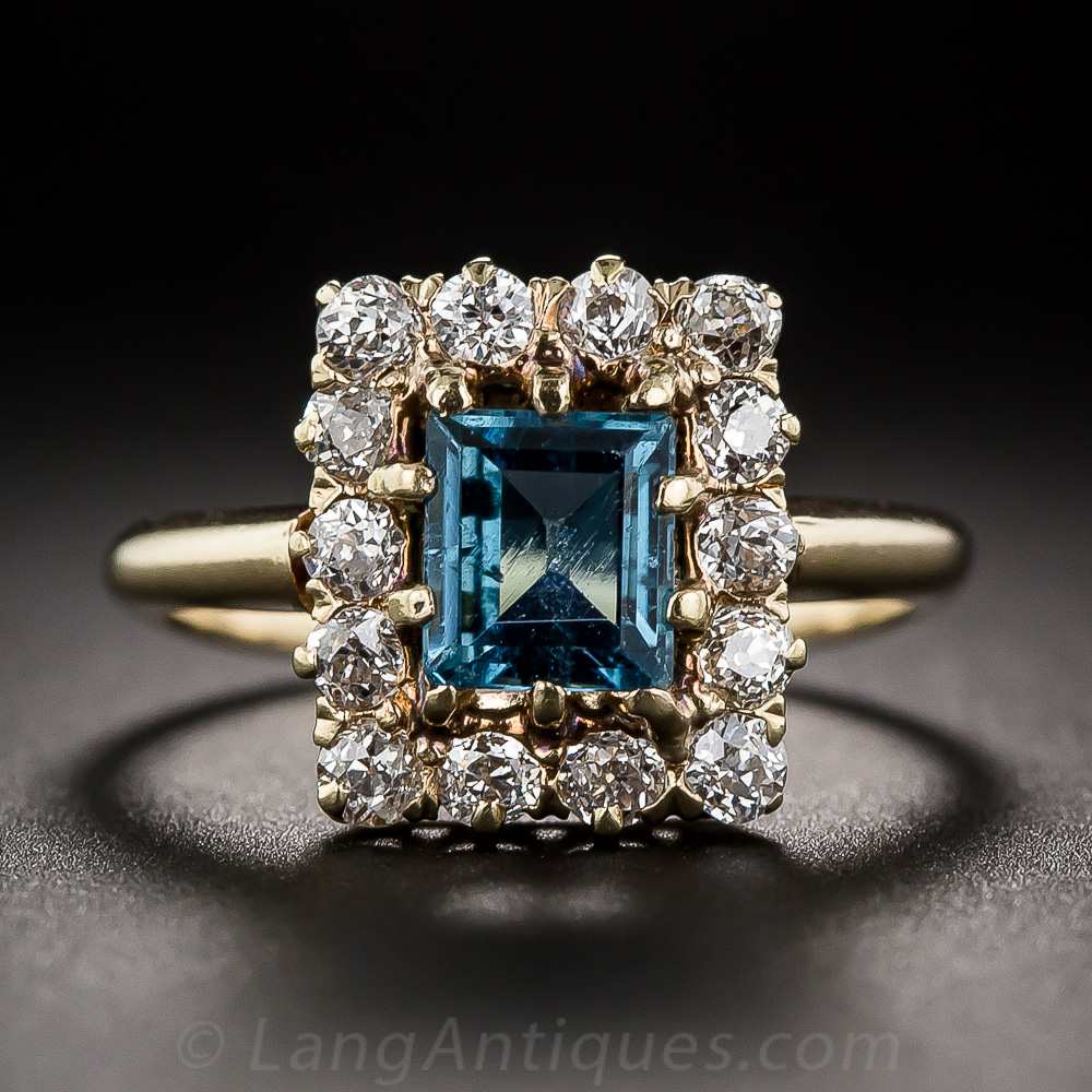 Blue Tourmaline and Mine Cut Diamond Ring