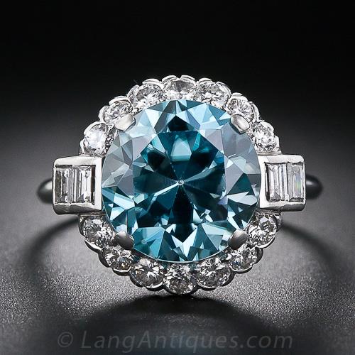 Blue Zircon and Diamond Circle Ring