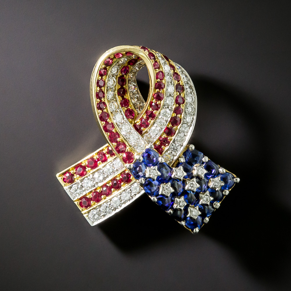 Cartier Ruby, Diamond, and Sapphire 18K Ribbon Brooch