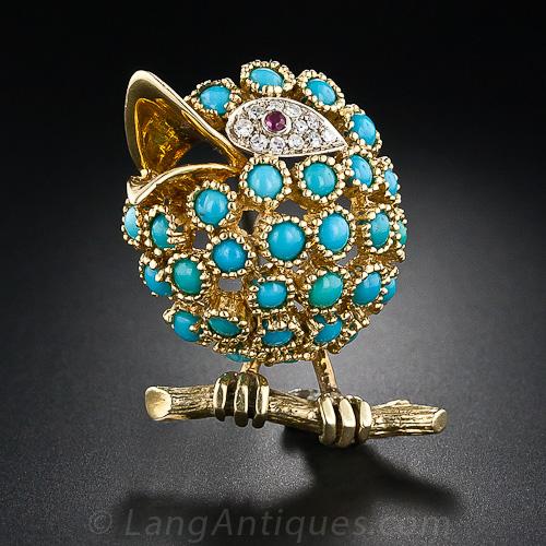 Cartier Turquoise and Diamond Chirping Chick Pin