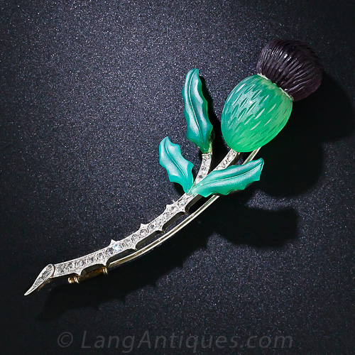 Carved Chrysoprase, Amethyst and Diamond Thistle Brooch