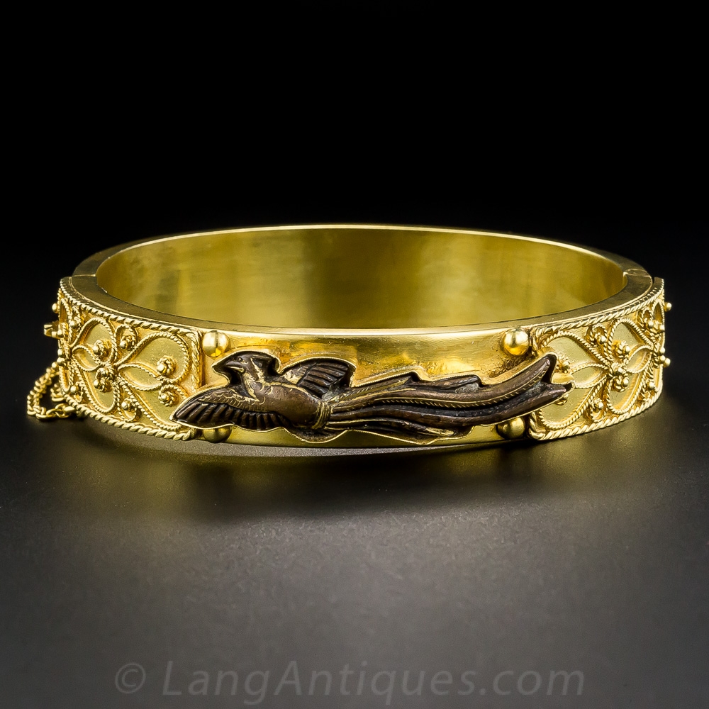Castellani Etruscan Revival Bangle with Shakudo Menuki Pheasant