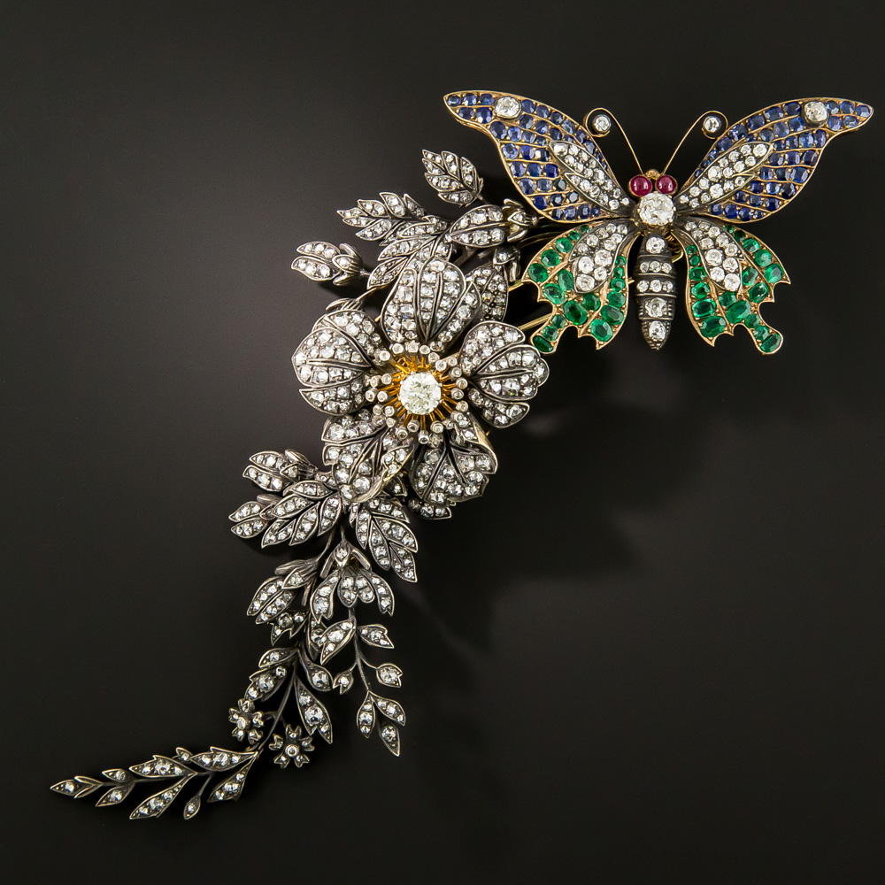 Retro Matte Black Jeweled Metal Flower Pin Brooch w/Dark Faceted Stones Elegant