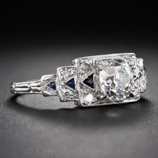1.01 Carat Art Deco Diamond and Calibre Sapphire Engagement Ring
