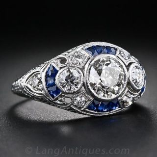 1.05 Carat Art Deco Diamond and Calibre Sapphire Ring
