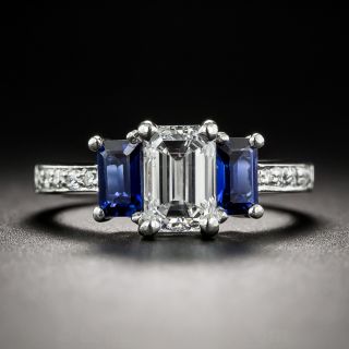 1.08 Carat Emerald-Cut Diamond and Sapphire Three Stone Ring - GIA E SI1