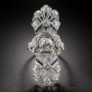 1 1/2 Inch Long Art Deco Platinum Diamond and Sapphire Dinner Ring