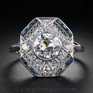 1.28 Carat  Diamond and Calibre Sapphire Art Deco Ring