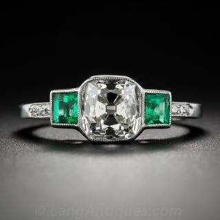 1.73 Carat Antique Cushion Diamond and Emerald Ring
