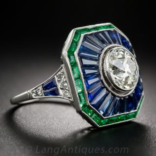 1.85 Carat European-Cut Diamond, Calibre Sapphire and Emerald Art Deco Style Ring  