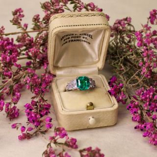 Art Deco 2.81 Carat Gemmy Emerald and Diamond Ring - AGL Minor Enhancement