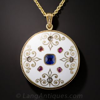 18k Antique Enameled, Ruby, Sapphire and Diamond Locket