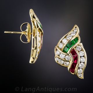18k Diamond, Green Glass and Synthetic Ruby Earrings