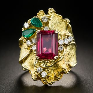 18K Pink Tourmaline, Emerald and Diamond Ring - 1