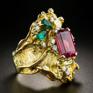 18K Pink Tourmaline, Emerald and Diamond Ring