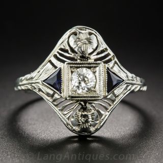 18K White Gold, Diamond and Synthetic Sapphire Art Deco Dinner Ring