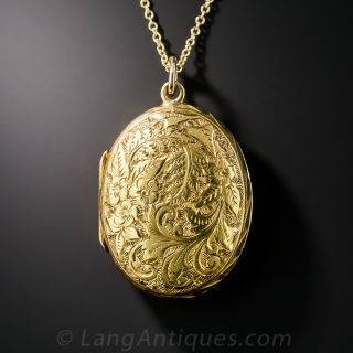 18k Yellow Gold  Hand-Engraved Oval Locket.
