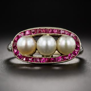 18K Yellow Gold Natural Pearl and Ruby Ring - 1