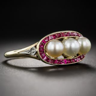 18K Yellow Gold Natural Pearl and Ruby Ring