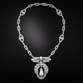 1920s Natural Pearl, Platinum and Diamond Necklace - 6