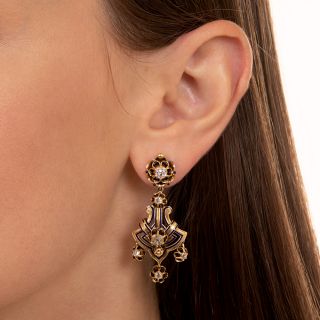 Victorian Diamond Drop Earrings with Blue Enamel