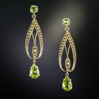 Art Nouveau Peridot and Seed Pearl Drop Earrings - 1