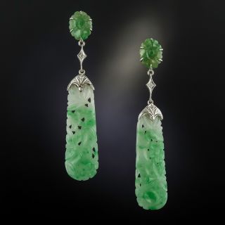 Art Deco Natural Burmese Carved Jade and Diamond Dangle Earrings - 1