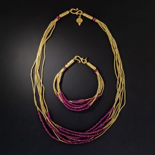 24K Ruby Bead Spaghetti Necklace and Bracelet by ARA  - 1