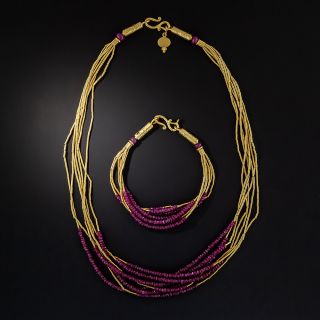 24K Ruby Bead Spaghetti Necklace and Bracelet by ARA  - 0