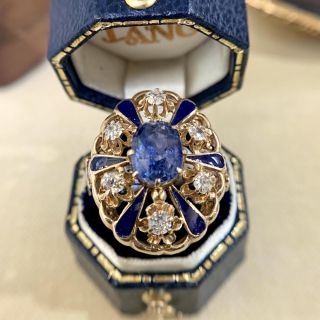 3.25 Carat No-Heat Ceylon Sapphire, Diamond and Enamel Victorian Style Ring