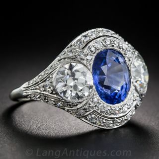 3.46 Carat No-Heat Sapphire and Diamond Art Deco Ring