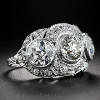 3.65  Carat Diamond and Platinum Art Deco Three-Stone Ring
