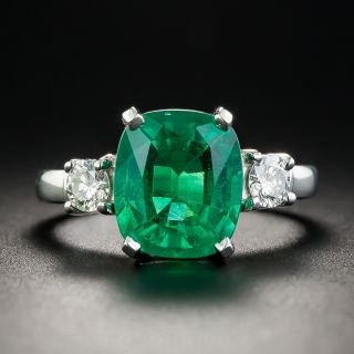 3.72 Carat Cushion-Cut Emerald and Diamond Ring