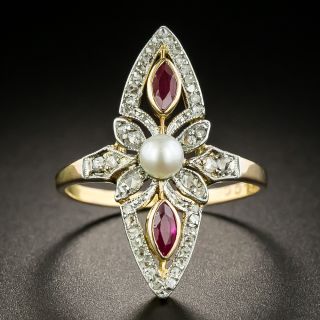 Edwardian Pearl, Diamond and Ruby Navette Ring - 1