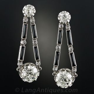 5.25 Carat Art Deco Diamond and Onyx Drop Earrings - 1
